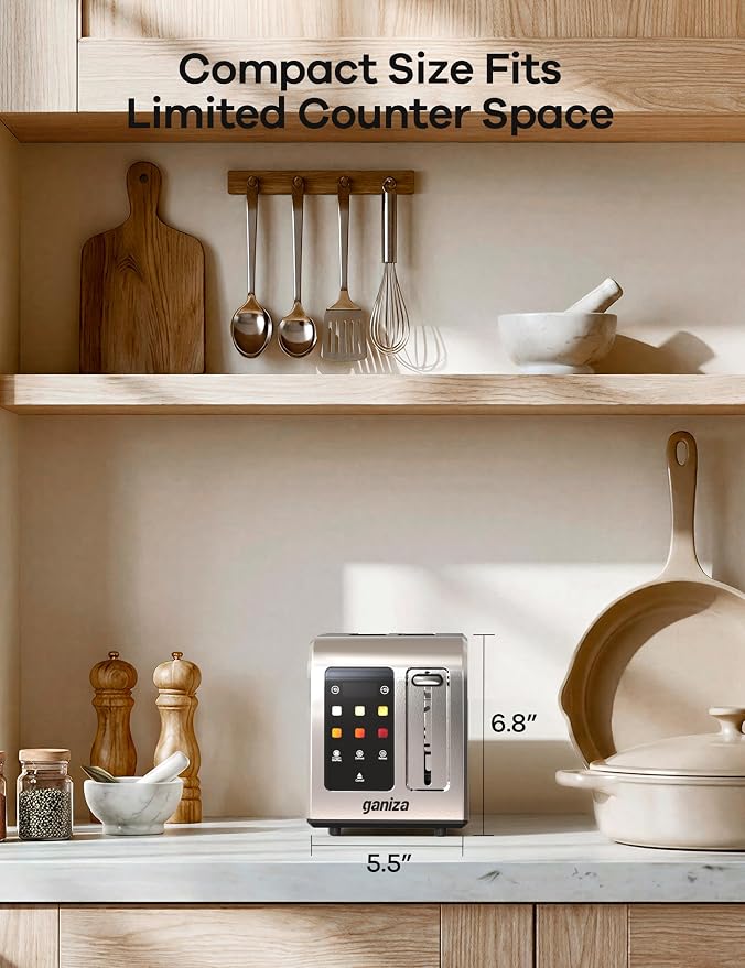 Ganiza Smart Toaster 2 Slice with Touchscreen, Digital Countdown Timer, Touch Screen Toaster Wide Slot, Full Stainless Steel, Defrost Reheat Cancel, +/-10s Fine-Tune, Removable Crumb Tray, Max 925W