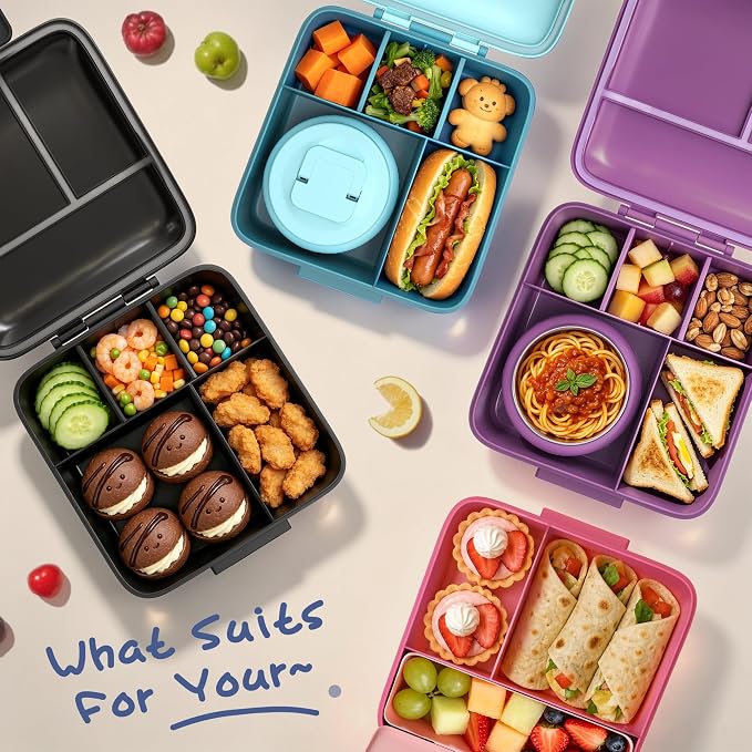 JXXM Bento Lunch Box for Kids with 8oz Soup Thermo,Leak-Proof Lunch Containers with 5 Compartment,Thermo Food Jar Food Containers for School (Pink-Jellyfish)