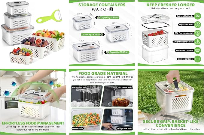 3 Pack Fridge Organizer for Fruit – Fruit Containers for Fridge with Removable Colander, BPA-Free Plastic Produce Keepers for Berry & Meat, Keeps Food Fresh Longer
