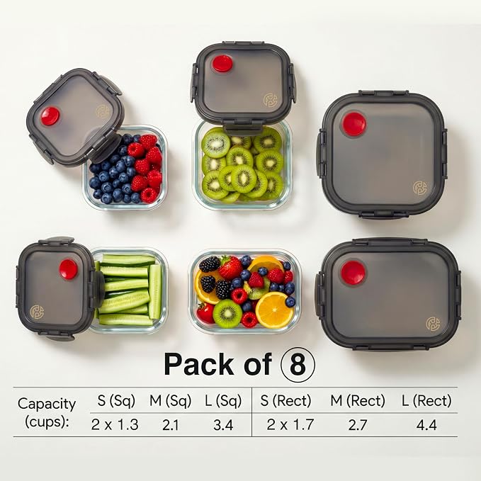 Borosilicate Glass Airtight Food Storage Containers with Vented Lids, Assorted Set of 8 (4 Rectangular & 4 Square)