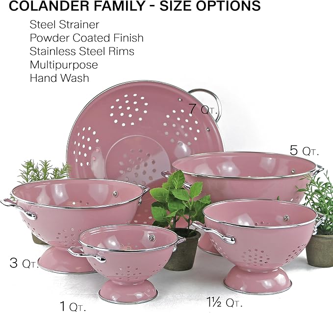 Reston Lloyd, 1.5 Quart Powder Coated Steel Kitchen Strainer Basket for draining Pasta, Vegetable and Fruit, Chrome Handles and Wide Stable Base, Pink