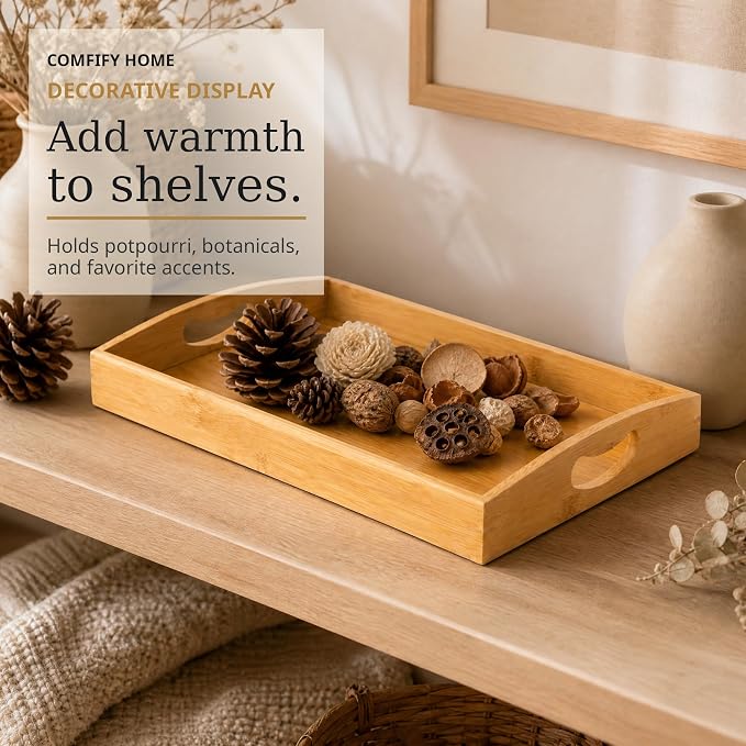 Comfify Bamboo Serving Trays – Set of 3 Ottoman Trays for Food, Entertaining, and Decor – Minimalist Design | Natural bamboo wood; for coffee table, breakfast tray and bathroom organizer; S: 12", M: 14.5", L: 16.25" – hand wash only