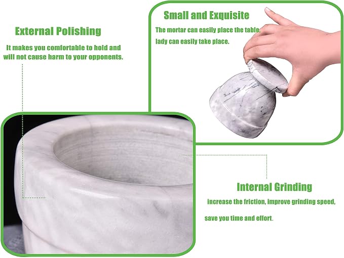 Mortar and Pestle Marble Set for Spices Pestos Seasonings Pastes Guacamole Bowl Herb Grinder Easy to Clean Included:Silicone Mat,Brush,Stainless Steel Spoon 4.33inch(Small,White Gray)