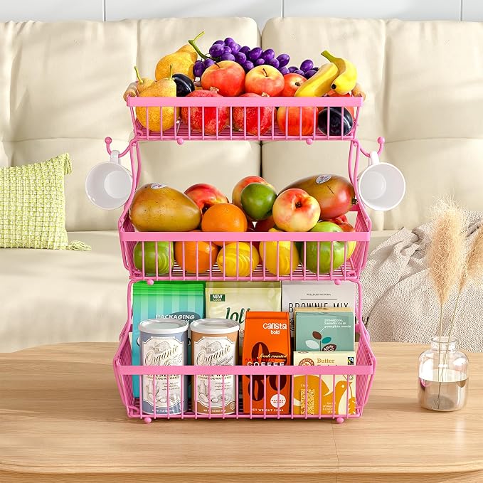 3 Tier Fruit Basket for Kitchen Counter with 2 Banana Hangers, Countertop Metal Fruit Bowl with Wooden Handle, Large Storage Stand for Vegetables, Snacks, Breads, Produce Storage – Rose Pink