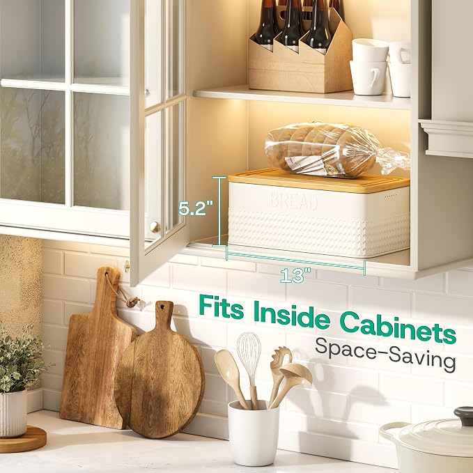 kiplant Bread Box for Kitchen Countertop, Large Bread Storage Container with Bamboo Lid, Iron Farmhouse Bread Box for Your House, White