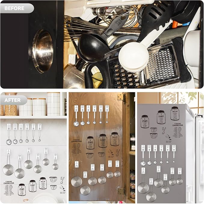 12 Pack Stainless Steel Hooks for Measuring Cups and Spoons with Stickers