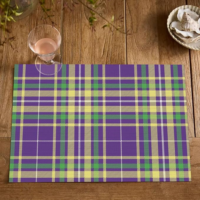 Artoid Mode Purple Striped Check Mardi Gras Vinyl Placemats Set of 4,Heat Resistant Non-Slip Woven Plastic PVC Place Mat for Party Kitchen Dining Decor