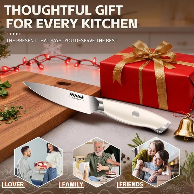 Huusk Paring Knife Ultra Sharp - 3.5" Small Kitchen Knife, Ivory White Grip | Japanese Stainless Steel, Well-balanced, Ergonomic, for Vegetable Fruit Peeling Coring Cutting, Men & Women Gift