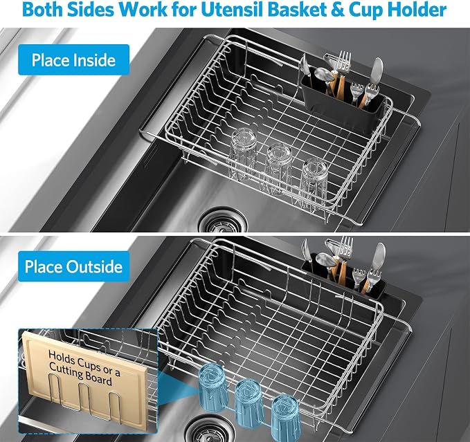 Delamu Over The Sink Dish Drying Rack for Small Kitchen | Expandable Stainless Steel in Sink Dish Drainer, Dish Rack for Kitchen Inside Sink with Utensil Holder, Rustproof, Large