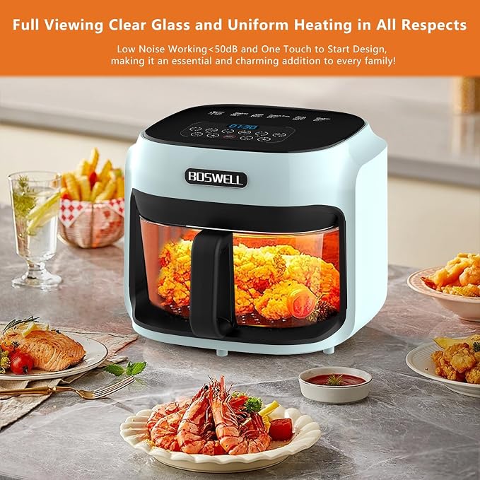 BOSWELL 7.5 QT Large Glass Air Fryer, 6-1 Preset Cook Modes | Transparent Fry Bowl, Green, Circulating Heating & Temperature Control, Steak, Fries, Bake,Chicken, Dishwasher Safe