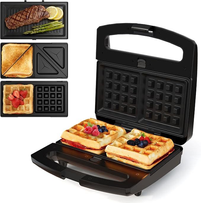3 in 1 Electric Sandwich Maker with Removable Nonstick Plates - 800W,Black | for Belgian Waffle/Panini/Grill/Pancake Griddle/Breakfast,Dishwasher Safe,Cool Touch Handle,Easy to Clean & Store