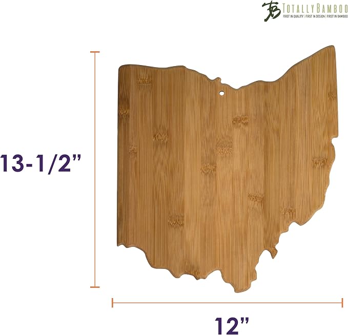 Totally Bamboo Ohio State Shaped Bamboo Serving and Cutting Board | State charcuterie board with natural bamboo grain. Knife-friendly surface for food prep. Hang tie for wall display.