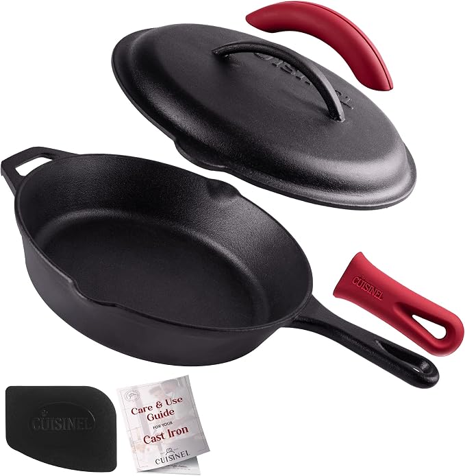 Cuisinel Cast Iron Skillet with Lid - 10"-inch Pre-Seasoned Covered Frying Pan Set + Silicone Handle and Lid Holders + Scraper/Cleaner - Use Indoor/Outdoor, Oven, Stove, BBQ, Fire, Grill Cookware