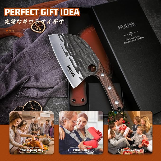 Huusk Meat Cleaver Knife with Sheath, Hand Forged Chopping Butcher Knives | Heavy Duty Serbian Chef Knife for Meat & Bone Cutting, Full Tang Ergonomic Wood Handle, BBQ Camping Gift for Men & Dad