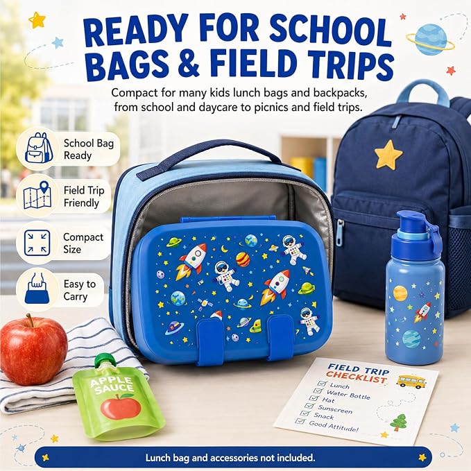 MISS BIG Kids Bento Lunch Box, Blue Astronaut, Microwave Safe, 800ml | Boys school lunch box with 3 sections for daycare, preschool, kindergarten, sandwiches, fruit, yogurt, dips, and snacks