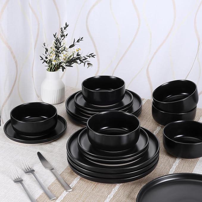 HaWare Stoneware Dinnerware Sets, 18-Piece Plates and Bowls Set for 6, Dishes Set for Home Restaurant, Frosting Black