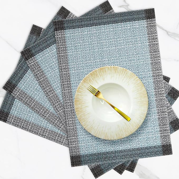 Blue Grey Placemats Set of 4, 12x18 Inch Faux Linen Table Mats | Heat Resistant and Washable Design, Easy to Clean Surface for Dining Rooms, Kitchens, Outdoor Parties and Everyday Home Decor