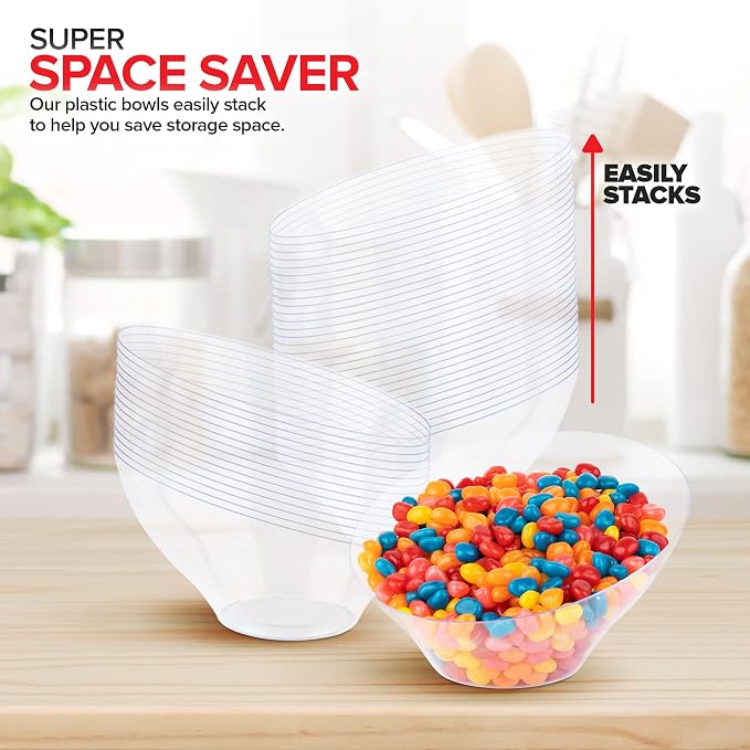 Stock Your Home 20oz Clear Plastic Serving Bowls (6 Pack) – Disposable Medium Snack & Candy Bowls for Parties, Buffet, Chips, Popcorn & Salad Bar