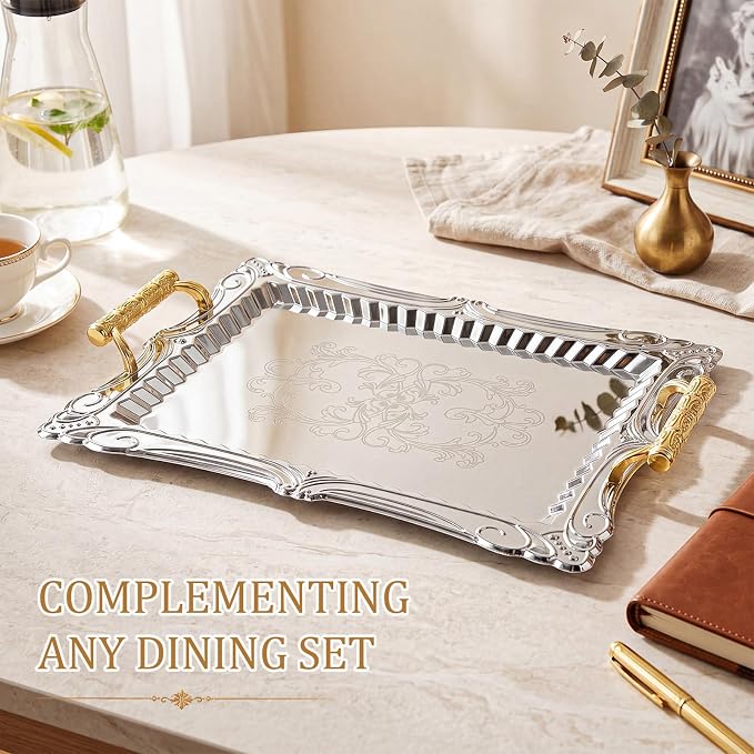 3 Pack Metal Serving Trays with Handles, Decorative Floral Platter Trays for Coffee Tea, Food, Dessert, Jewelry, for Buffet Wedding Party Kitchen Home Decor(Flower,Black, Gold)