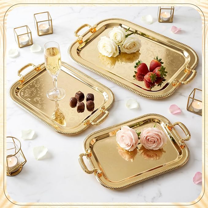 3 Pack Metal Serving Trays with Handles, Decorative Floral Platter Trays for Coffee Tea, Food, Dessert, Jewelry, for Buffet Wedding Party Kitchen Home Decor(Lovely,Silver, Gold)