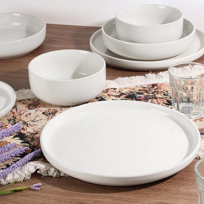 HaWare 8-Piece Plates and Bowls Set for 2, Stoneware Dinnerware Sets with Pasta Bowl, Dishes Set for Home Restaurant, Speckled Milky White