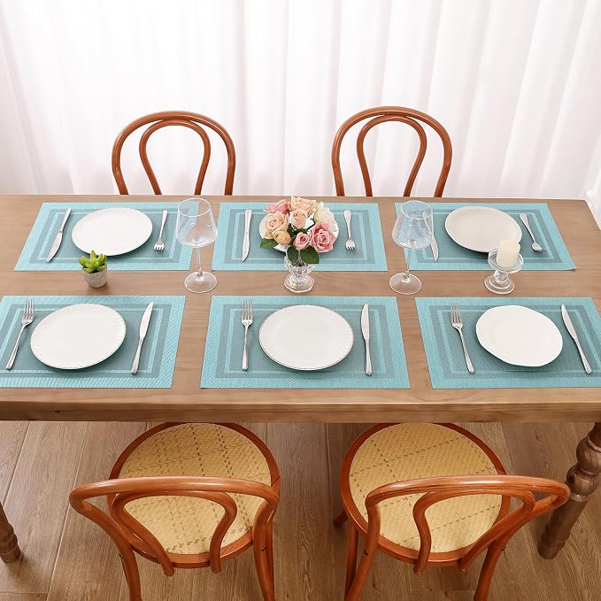 SHACOS Woven Vinyl Placemats Set of 4 Wipe Clean Place Mats for Dining Table Heat Resistant PVC Weave Table Mats Indoor Outdoor (4, Frame Light Turquoise)