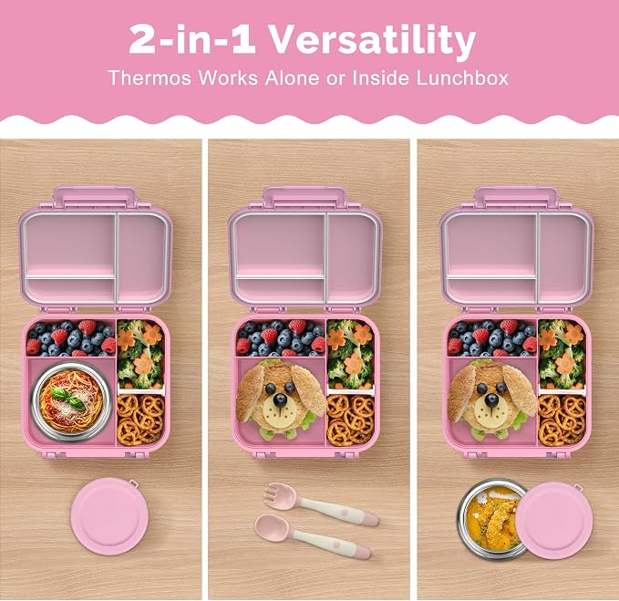 Kids Bento Lunch Box with Soup Thermo (9oz)– Hot & Cold Lunch Container with Leak Proof Insulated Food Jar for School Girls Boys, Ideal Size for Ages 3 to 7, Pink