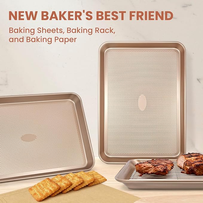 Heavy Duty Baking Sheet with Wire Rack Set, Thickened Carbon Steel pan 17.5"x11.8" with Cooling Rack, Nonstick Baking Pan Warp Resistant, 50 Parchment Sheets for Baking Cookie, Roasting Veggie & Bacon