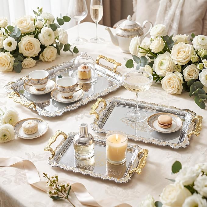 3 Pack Metal Serving Trays with Handles, Decorative Floral Platter Trays for Coffee Tea, Food, Dessert, Jewelry, for Buffet Wedding Party Kitchen Home Decor(Classic,Silver, Gold)