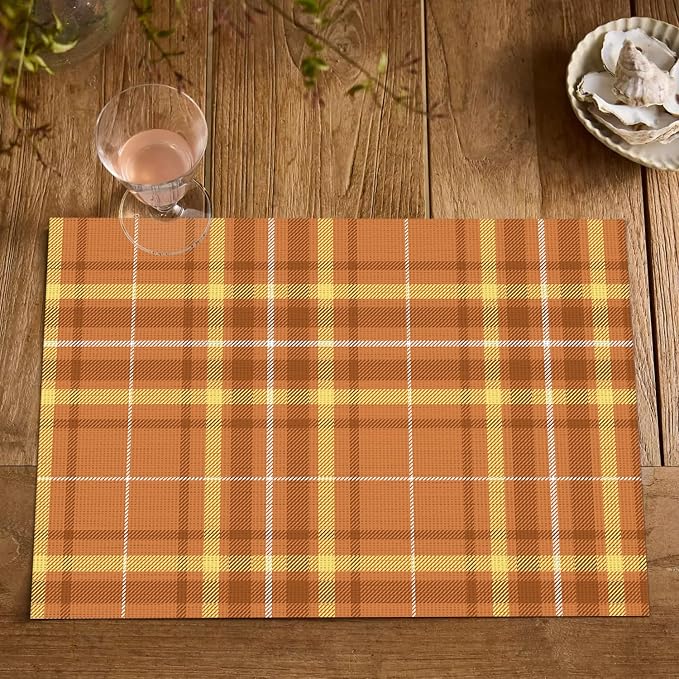 Artoid Mode Orange Striped Check Thanksgiving Vinyl Placemats Set of 4, Heat Resistant Non-Slip Woven Plastic PVC Place Mat for Party Kitchen Dining Decor