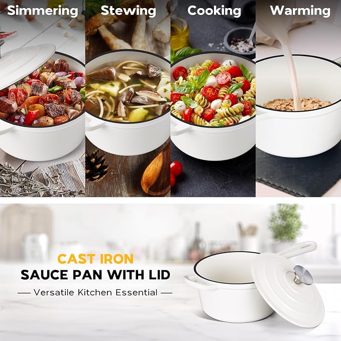 Onader 2 Quart Saucepan Dutch Oven, Enameled Cast Iron Sauce Pan Pot with Lid, Small Cooking Kitchen Pot, Nonstick & Oven Safe – White