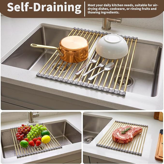 Golden Roll Up Dish Drying Rack, Stainless Steel Dish Drainer Over The Sink for Kitchen Sink Counter Storage, Applicable for Sink Width Less Than 17in (18.5'' x 13.9'')