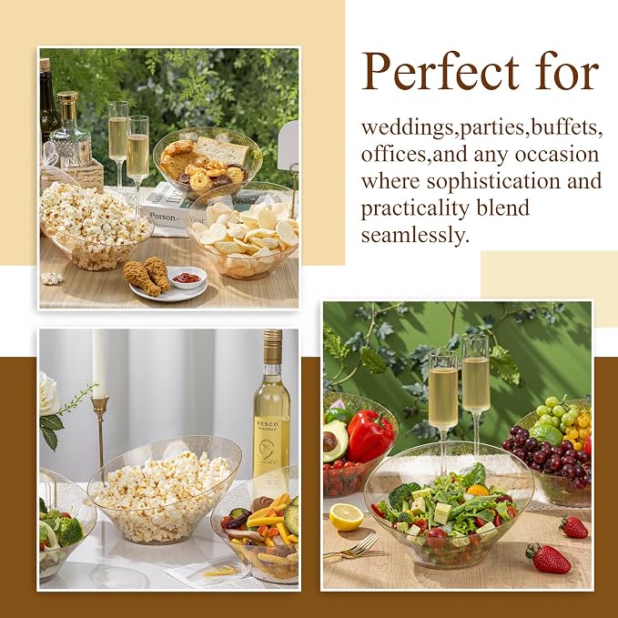 16PCS Gold Plastic Serving Bowls - 54 OZ Angled Table Salad and Fruit Bowls Disposable for Chip & Candy - Ideal for Party & New Year