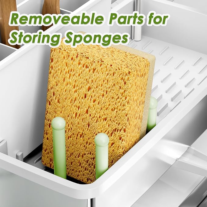 Ewaiira Stainless Steel Sink Caddy, Sponge Holder for Kitchen Sink 9.8″ | with Brush Holder & Dishcloth Rack, Rustproof Organizer Countertop, Soap Kitchen Organizers Storage Essentials, White