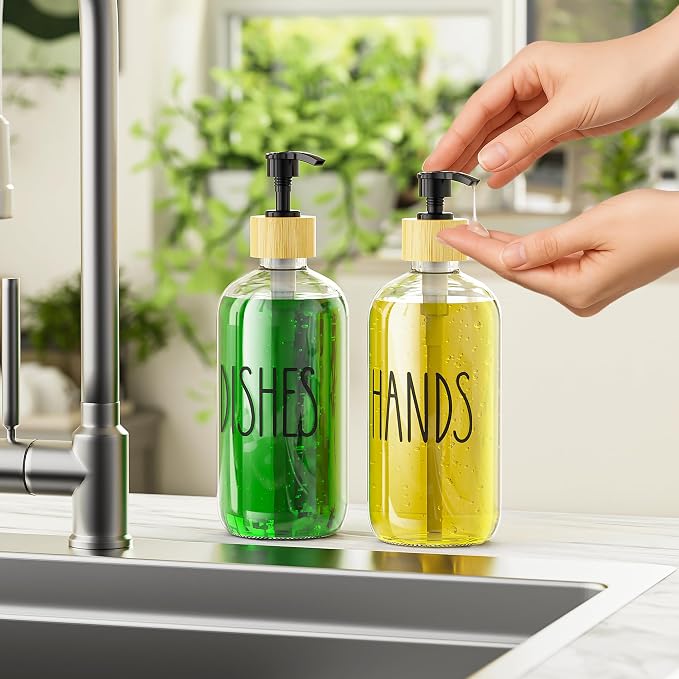 Cisily Kitchen Dish Soap Dispenser Set with 2 Pack 16.9oz Amber Glass Bottle and Sponge Holder, Dish Soap Dispensers with Adjustable Sponge Holder, Vintage Hand and Dish Soap Dispensers Set