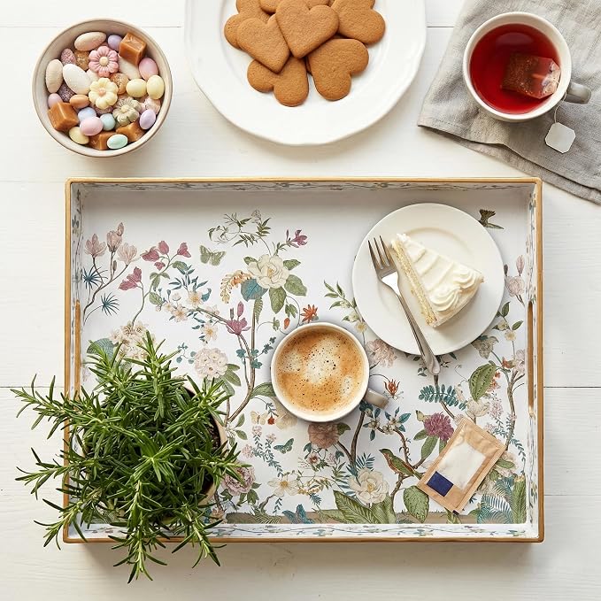 Serving Tray with Handles, Rectangular Plastic Tray 15.75x11.81 Inch, Floral Art with Peony, Hydrangea, Magnolia & Magpie Style Decorative Tray for Kitchen, Dining Table, Vanity, Office & Home