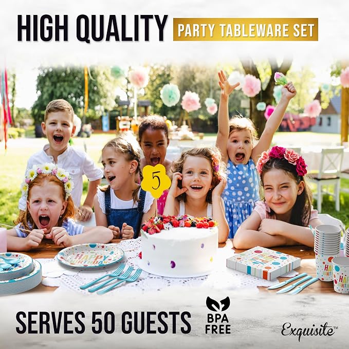 Exquisite 350 Pcs Blue Happy Birthday Plates and Napkins Set, Blue Birthday Plates Set, 50 Of Each 9" Dinner Plate, 7" Dessert Plate, 12 oz Cups, Napkins & Cutlery Plastic Dinnerware Set
