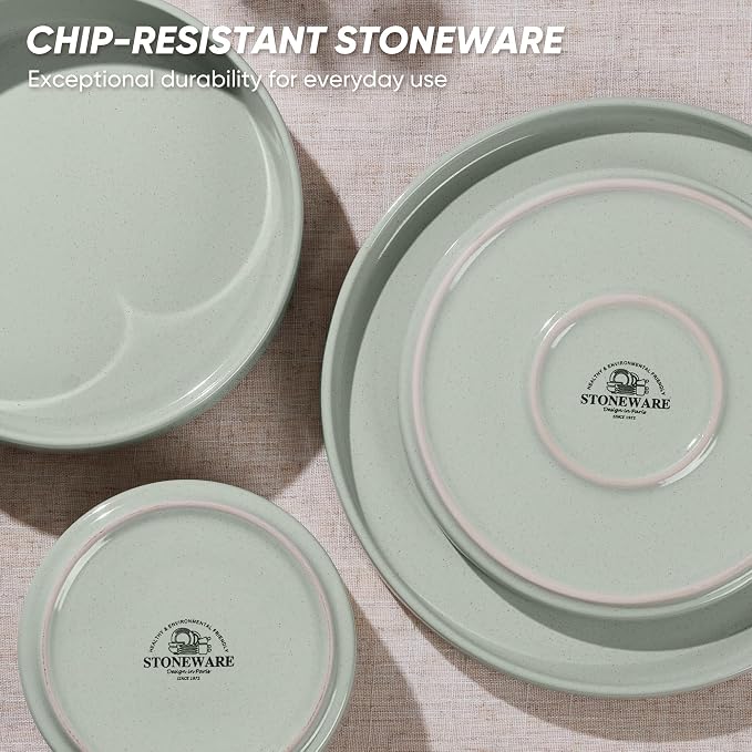 E-far 8-Piece Stoneware Dinnerware Sets with Pasta Bowls, Green | Plates and Bowls Sets for 2, Microwave & Dishwasher Safe Kitchen Modern Dish Set, Speckled Green