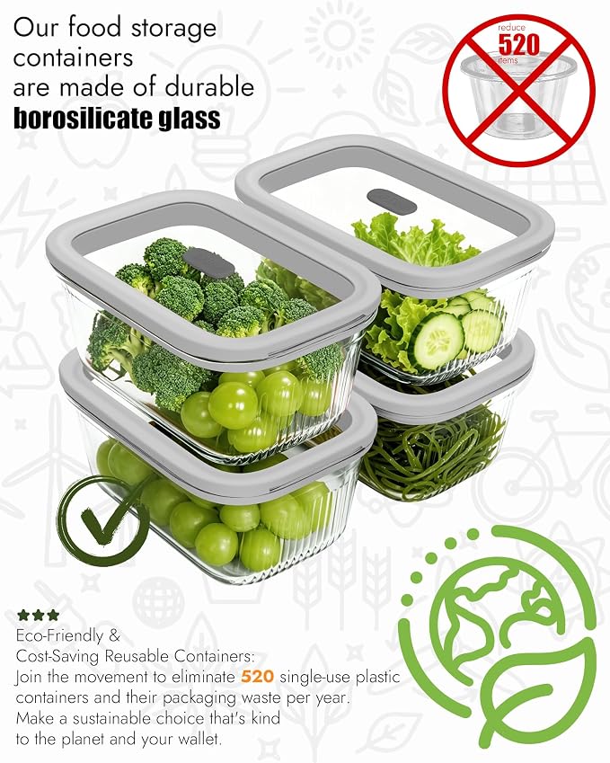 4-Pack Glass Food Storage Containers with Tempered Glass Lids, 4.6 Cup (37.2oz) Airtight, Oven & Microwave Safe (-4°F~950°F), Leakproof Meal Prep & Lunch Containers