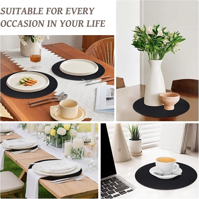 13" Round Placemats Set of 4, Reversible Faux Leather Wipeable Table Mats | 2mm Vinyl Heat Resistant, Waterproof Oilproof Scratch Proof Non-Slip, Washable for Kitchen Dining Indoor Outdoor (Black)