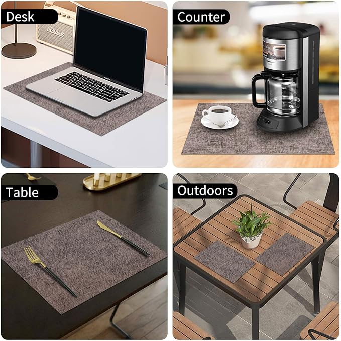 Faux Leather Heat Resistant Placemats 6 Packs, Waterproof Wipeable Dining PU Place Mats for Indoor & Outdoor, Easy to Clean, Brown