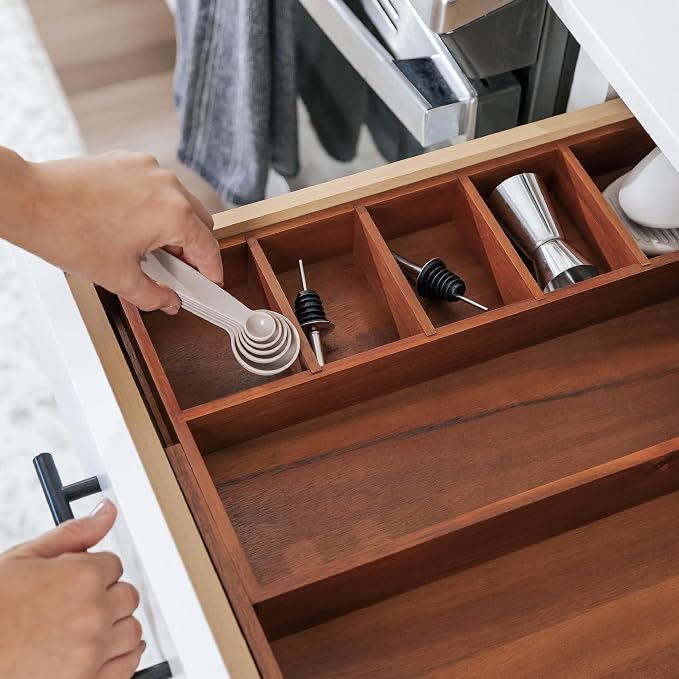 Utensil & Junk Drawer Organizer, 10.5-18.5 in, Acacia | Food-safe contract grade, 100% sustainable wood, non-slip, adjustable