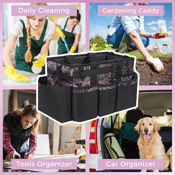SCAVATA Wearable Cleaning Caddy, Cleaning Caddy Supplies Organizer with Handle & Shoulder Straps for Housekeepers, Under Sink & Car Cleaning Tool Organizers Bag with 4 Foldable Divider (Totem)