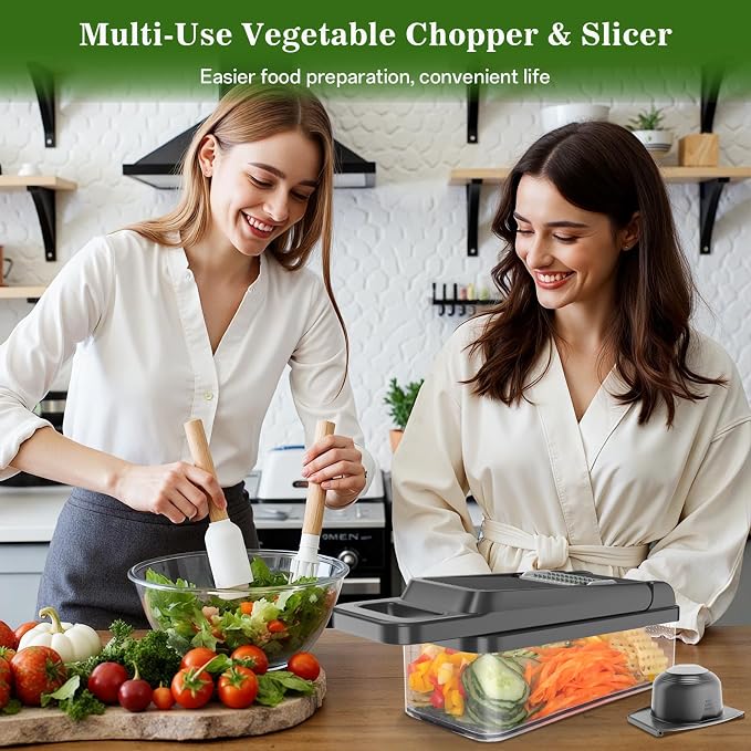 HomeHacks Veggie Chopper Vegetable Cutter, 12 in 1 Kitchen Gadget, Grey | Dicer, Slicer, Cutter, Slap Chop, Cheese Grater & Egg Separator - Multi-Functional Salad Fruit Onion Chopper with Container