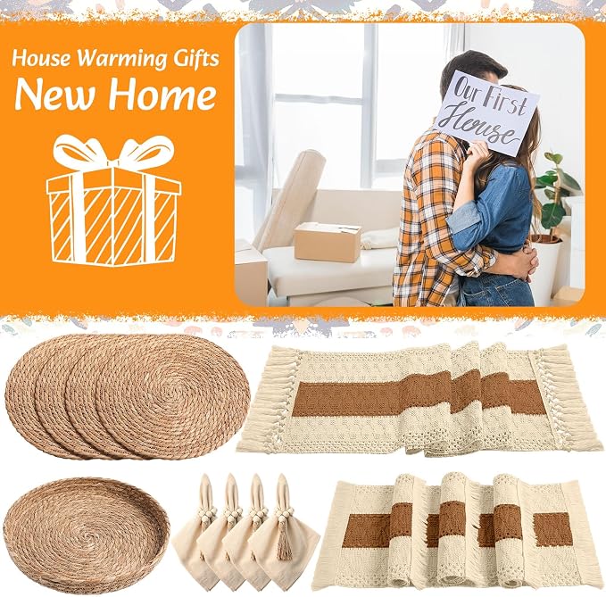 4 Sets Boho Decoration Placemats Round Woven Placemats, Cloth Napkins, Wood Bead Napkin Rings, Long Table Runner and Farmhouse Burlap Cotton for Table Kitchen (Caramel,12x72)