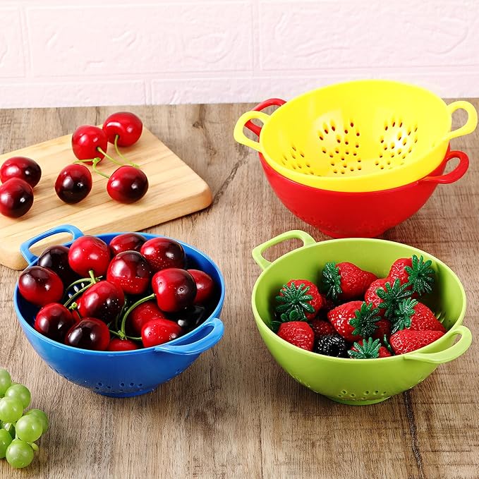 4 Pack Mini Colander for Kitchen Plastic Berry Strainer with Double Handles 7.5 x 6 x 3 Inch Small Colander Strainer for Fruits Vegetables Food (Green,Red,Blue,Lemon Yellow)