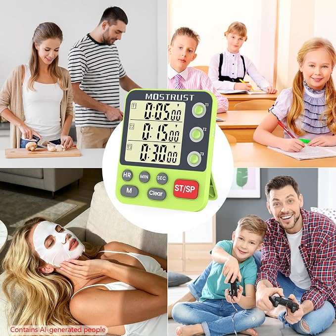 Digital Dual Kitchen Timer, Multiple Channels Countdown Timer | 3-Groups Triple Timer with Magnet-Back Memory-Preset Large Display Adjustable Volume, 3A Battery Included, Ideal for Cooking