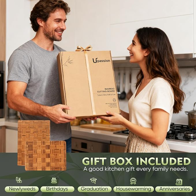 Extra Large Bamboo Cutting Boards, 2-Pack Heavy Duty Bamboo Cutting Boards Set with Juice Grooves & Non-Slip Feet –Checkered Extra Large Thick Wood Chopping Board for Meat, Fruits, Non-Toxic & Durable