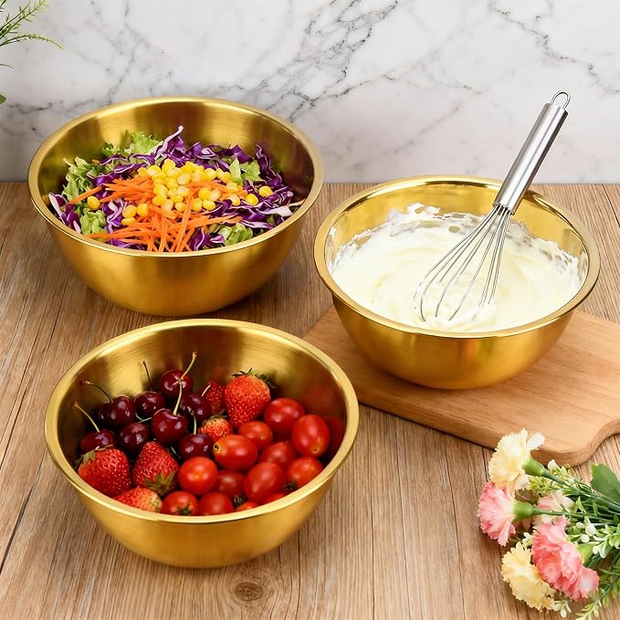 3-Piece Stainless Steel Golden Mixing Bowls (6.3") Metal Bowl with Measurement Marks, Dishwasher Safe & Stackable - Perfect for Baking, Salad Making, Meal Prep