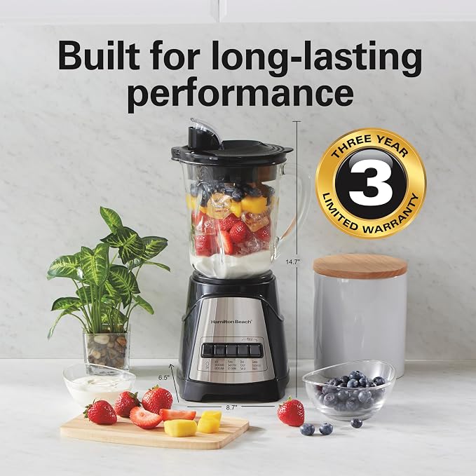 Hamilton Beach Power Elite Blender For Smoothies With Wave Action System | 40 oz. Glass Jar | 12 Functions Including Puree, Crush Ice | 700 Watts | Black | 58148AG